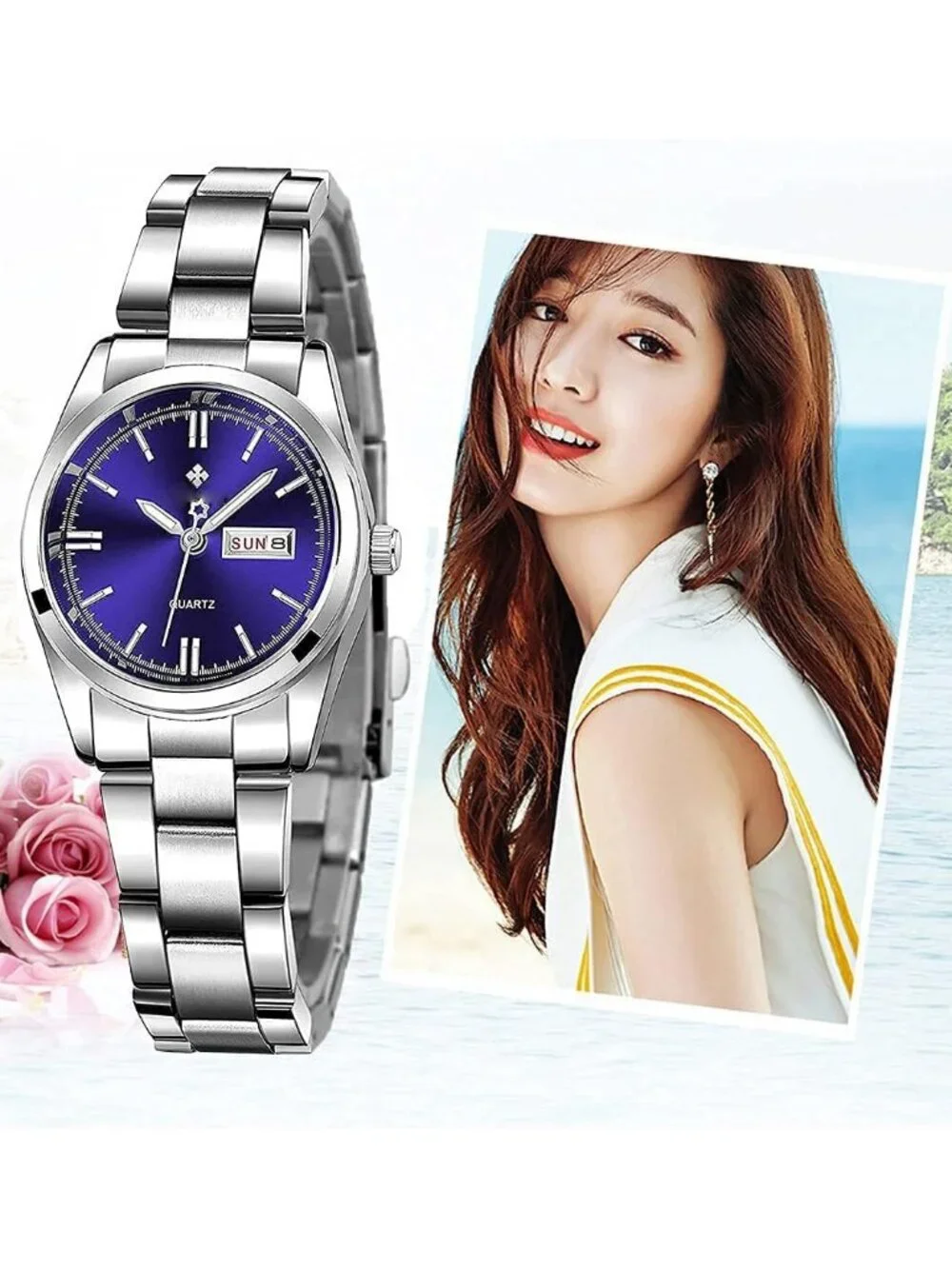 Women's Blue Analog Quartz Stainless Steel Luminous Waterproof Dress Watches